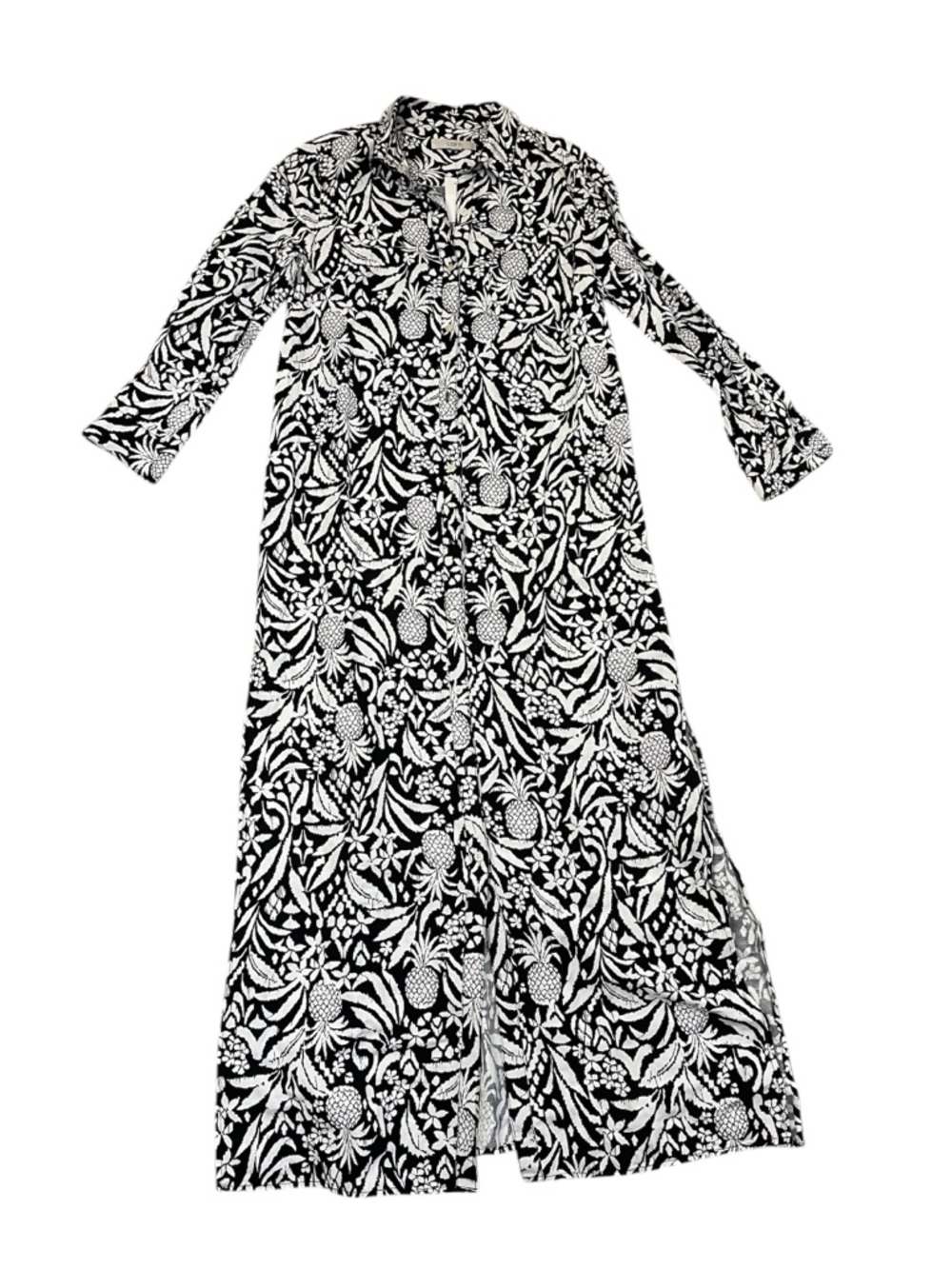LOFT Black and White Pineapple Print Linen Blend Maxi Shirt Dress - Picture 2 of 5